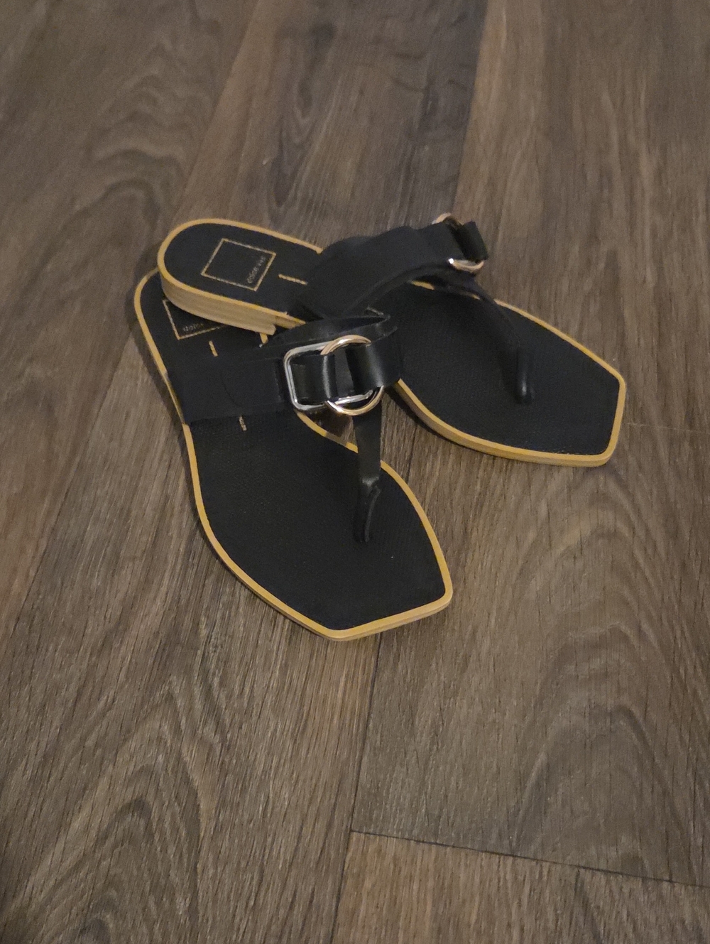 Dolce Vita Black Thong Sandals with Gold Buckle and Tan Trim Size 9